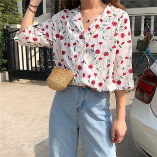 Floral Print Elbow-sleeve Shirt As Shown In Figure - One Size