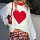 Long Sleeve Color-block Heart Print Loose-fit Sweater