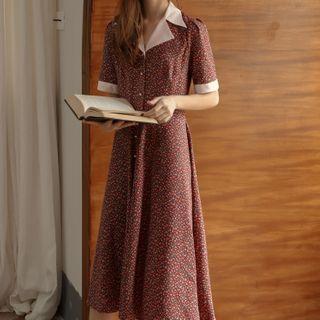 Collared Floral Print Short-sleeve Maxi A-line Dress