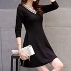 Long-sleeve Contrast-stripe A-line Dress