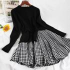 Long-sleeve Plaid Panel A-line Knit Dress Black - One Size