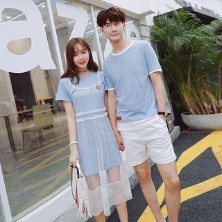 Couple Matching Set: Short-sleeve T-shirt + Shorts / Set: Short-sleeve T-shirt Dress + Lace Dress