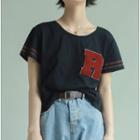 Short-sleeve Striped Trim Letter T-shirt