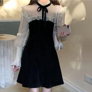 Long-sleeve Tie-neck Frill Trim Mini A-line Dress