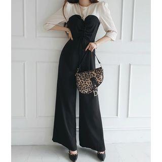 Inset Puff-shoulder Blouse Drawstring Jumpsuit Black - One Size