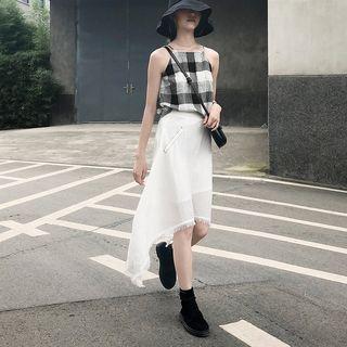 Fray-trim Stitched A-line Skirt