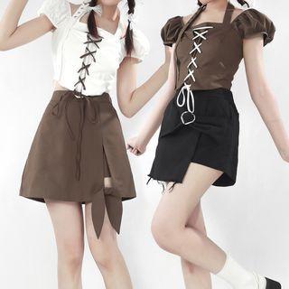 Lace-up Cropped Blouse / Tie-hem Mini A-line Skirt / Skort