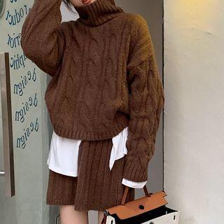 Turtleneck Cable Knit Sweater / Knit Skirt