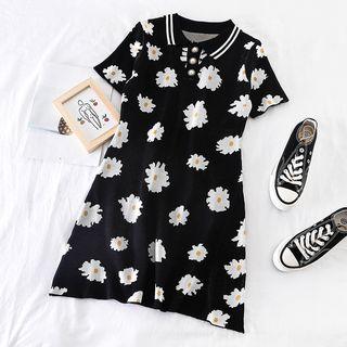 Floral Print Knit A-line Dress Black - One Size