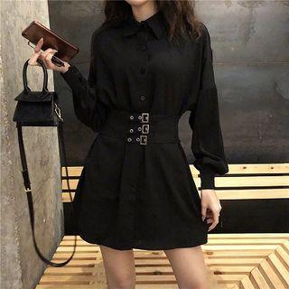 Long-sleeve Buckled Mini Shirt Dress Black - One Size