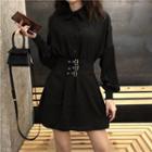 Long-sleeve Buckled Mini Shirt Dress Black - One Size