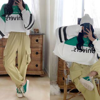 Color-block Letter Cropped Sweatshirt Green - One Size
