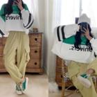 Color-block Letter Cropped Sweatshirt Green - One Size