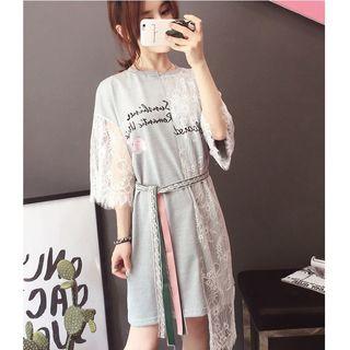 3/4-sleeve Lace Panel T-shirt Dress