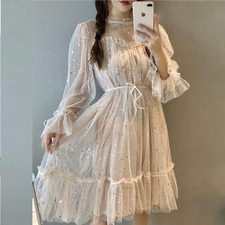Sequined Ruffle Long-sleeve Mesh Dress
