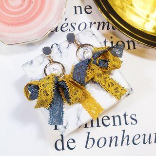 Faux Pearl Lace Bow Dangle Earring Silver Needle - Lace - Blue & Yellow - One Size