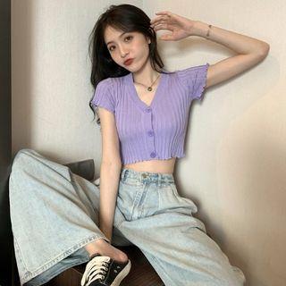 V-neck Plain Stripe Knit Cropped Top