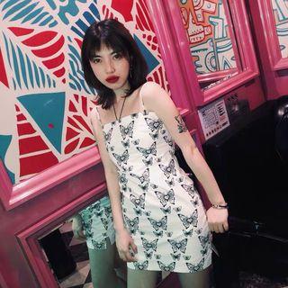 Spaghetti Strap Butterfly Print Mini Dress