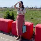 Short-sleeve Cartoon Print T-shirt / High-waist Split Denim Skirt