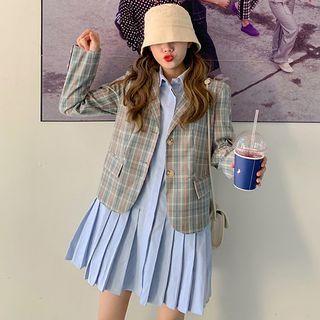 Long-sleeve Plain Shirtdress / Long-sleeve Plaid Blazer