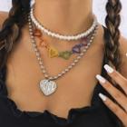 Heart Pendant Faux Pearl Layered Alloy Necklace / Heart Alloy Choker