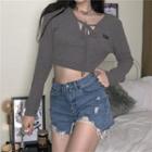 Tie-neck Long-sleeve Cropped Knit Top