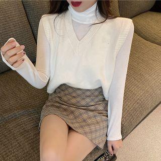 Plain Turtle-neck Long-sleeve Slim-fit Top / V-neck Knit Vest / Plaid Skirt