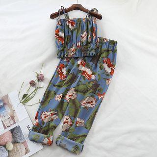 Set: Spaghetti Strap Floral Print Top + Wide-leg Pants