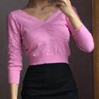 3/4-sleeve Perforated Crinkled Knit Top
