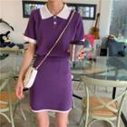 Set: Knit Short-sleeve Polo Shirt + A-line Skirt