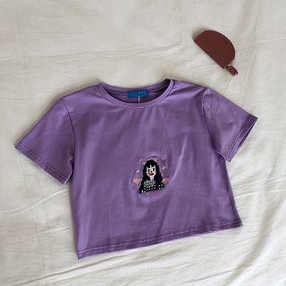 Picture Embroidered Slim-fit Short-sleeve Top Purple - One Size