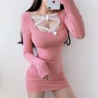 Long-sleeve Bow Mini Sheath T-shirt Dress