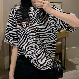Elbow-sleeve Zebra Print T-shirt White - One Size