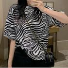 Elbow-sleeve Zebra Print T-shirt White - One Size