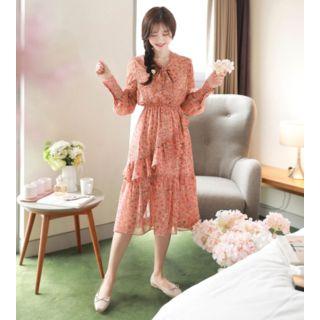 Wide-cuff Frilled Floral Midi Chiffon Dress