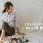 Round-neck Half-placket Plaid Blouse