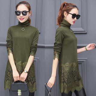 Lace Trim Turtleneck Long Sleeve Tunic