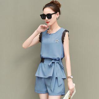 Set: Lace Trim Sleeveless Top With Sash + Shorts