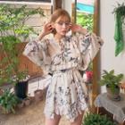 Frilled Sheer Floral Playsuit With Tassel