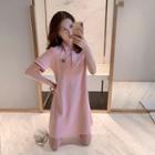 Embroidered Short-sleeve Collared T-shirt Dress Pink - One Size