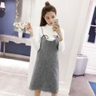 Set: Mock Collar Knit Top + Spaghetti Strap Dress