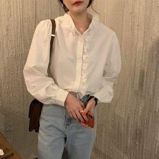 Lantern-sleeve Plain Lace-trim Stand Collar Shirt White - One Size