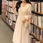 Long-sleeve Lace-up Lace Panel Midi A-line Dress