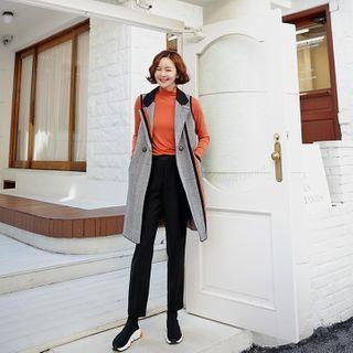 Contrast-trim Herringbone Long Knit Vest Brown - One Size
