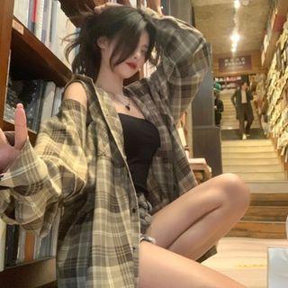 Cold-shoulder Plaid Shirt Coffee - One Size