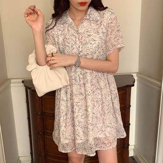 Floral Print Short-sleeve Mini A-line Shirtdress As Shown In Figure - One Size