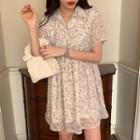 Floral Print Short-sleeve Mini A-line Shirtdress As Shown In Figure - One Size