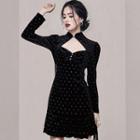 Long-sleeve Rhinestone Velvet Mini A-line Dress