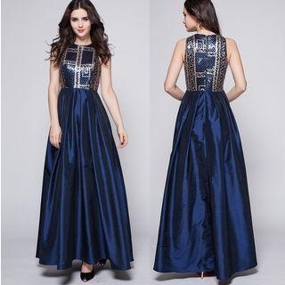 Sleeveless Sequin Panel High Waist Evening Gown