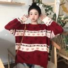 Round-neck Heart Print Sweater Red - One Size